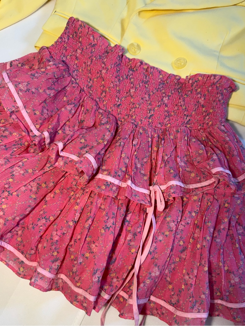 LoveShackFancy Neve Skirt Ruffle Tiered Floral Bow Smocked Waist MiniSkirt